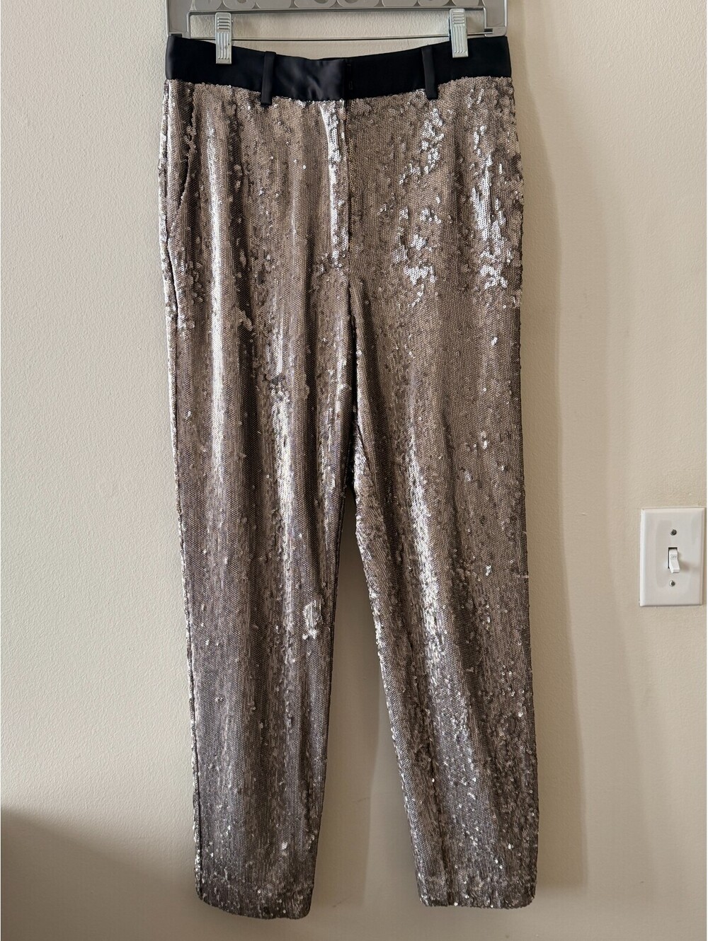 AllSaints Leigh Sequin Trousers Silver Sequin Straight Leg Pants 6 BNWT NEW - Picture 2 of 12